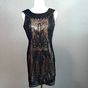 BASIX Black Label Sequin Lace & Beaded Black & Gold Cocktail Dress  EUC - Size 4